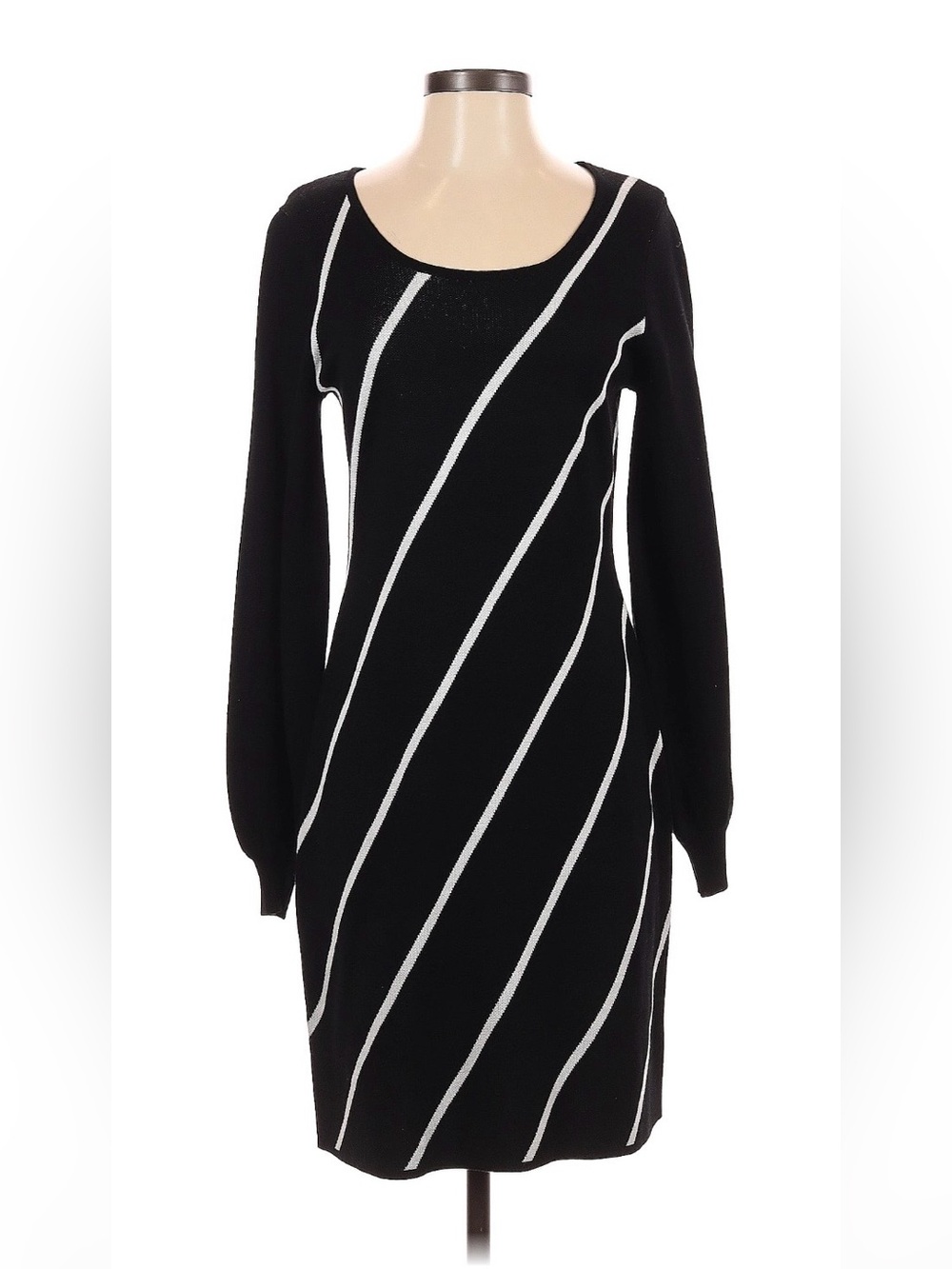 Nina Leonard Black Long-Sleeve Dress with White Diagonal Stripes